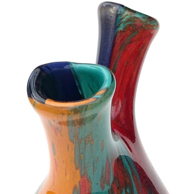Murano Vintage Murano Painterly Oriente Design Gold Flecks Italian Art Glass Abstract Double Spout Flower Vase For Sale - Image 4 of 10
