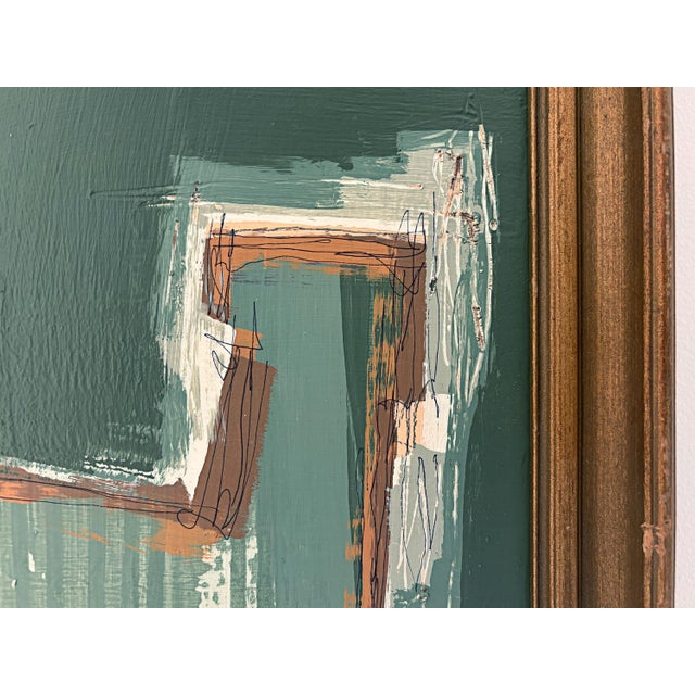 “Cabin Fern" Green Abstract Art in Antique Frame, Transitional Living Room Art by JTS For Sale - Image 4 of 8