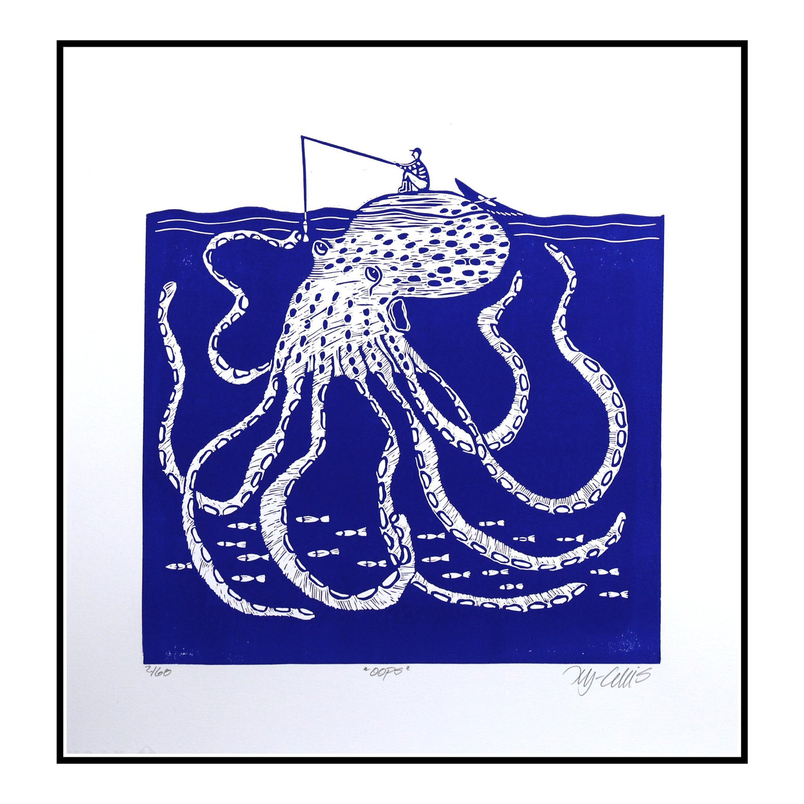 2023, Handpulled Linocut by Mariann JohansenEllis,Oops, Blue and White