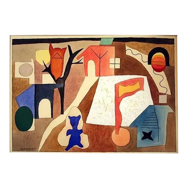 1975 Ellwood Graham Signed Abstract Surrealist Watercolor (Listed Artist) For Sale