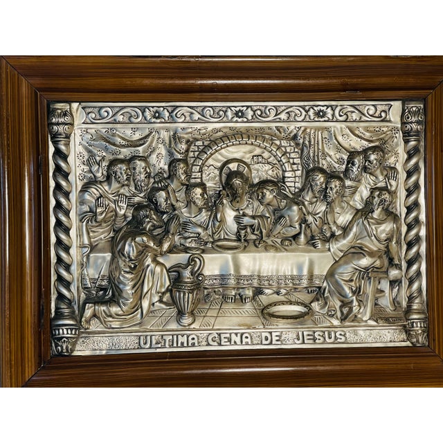 Spanish 1940s Spanish Last Supper Basrelief Silverplate Embossed Framed For Sale - Image 3 of 9