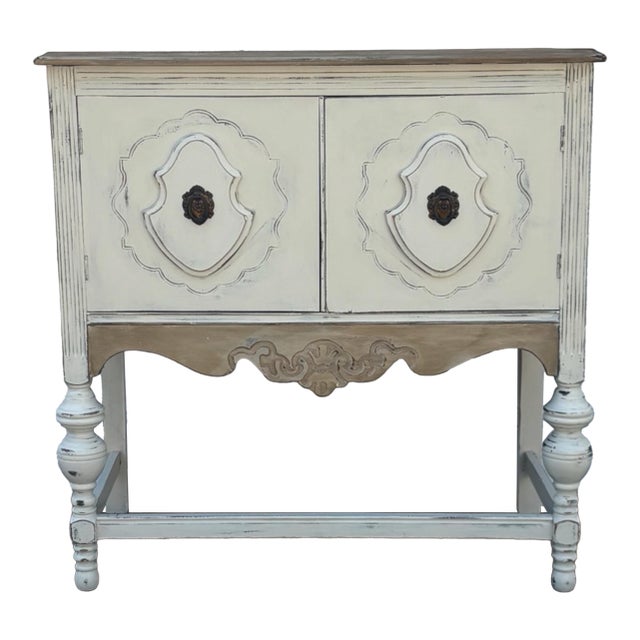 Farmhouse Distressed Neutral Cabinet | Vintage Rustic Sideboard | Shabby Chic Painted Console | Entryway Storage Cabinet | Wood Bar Cabinet For Sale