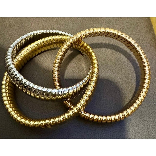 Estate " H Gold" Tri Color Interwoven Rolling Stretch Bracelet 18yg, Rg, Wg 87Gm For Sale - Image 17 of 17