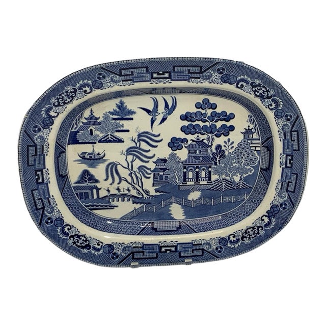 Antique Ridgway Blue Willow Porcelain Ironstone Serving Platter 18” - Large Turkey Meat Platter Semi China England For Sale
