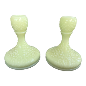 Vintage Fenton Orange Tree Blossom Custard Glass Candlesticks – Pair – Uv Reactive Vaseline Glass