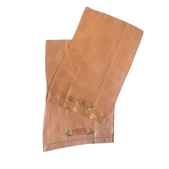 French Vintage Mr & Mrs Embroidered Linen Towels Set Blush Apricot Monogram Floral Boudoir Hand Towels For Sale - Image 3 of 12