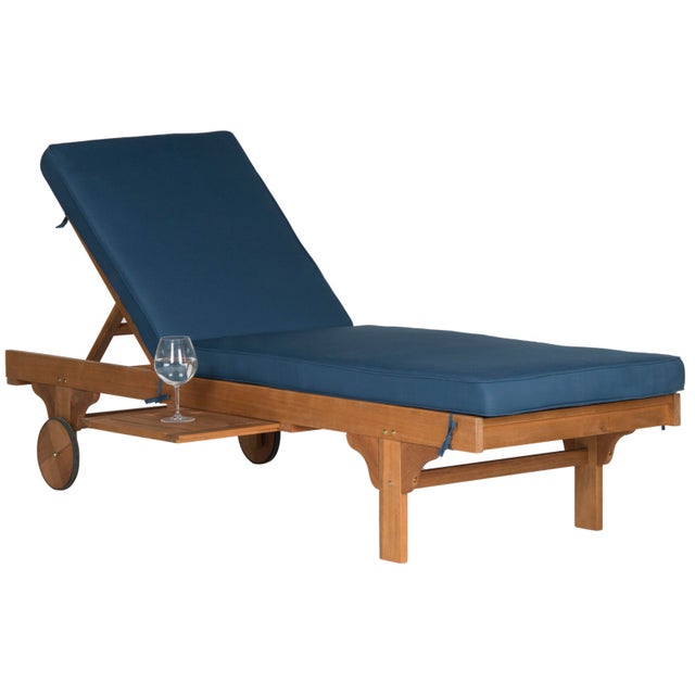 Spritely Home Newport Chaise Lounge Chair with Side Table, Natural/Navy Cushion For Sale - Image 4 of 10