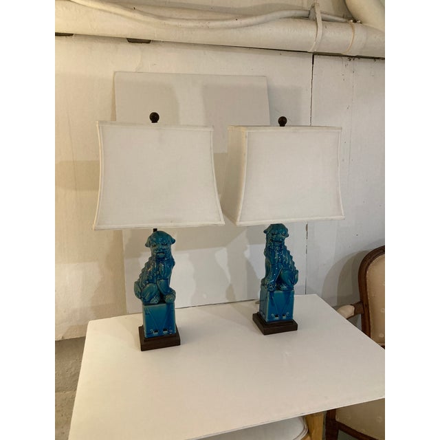1960s Foo Dog Turquoise Glazed Porcelain Table Lamps With Pagoda Shades - A Pair For Sale - Image 5 of 12