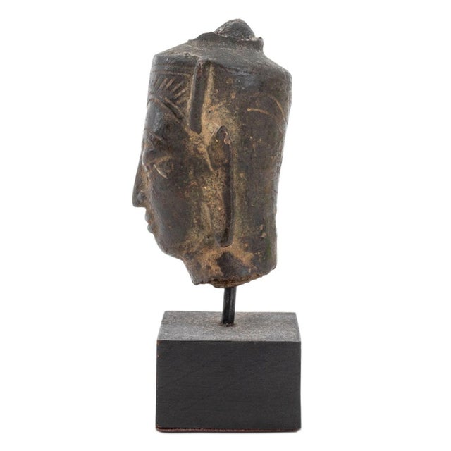 Asian Antique Thai Patinated Metal Buddha Head in Headdress For Sale - Image 3 of 5