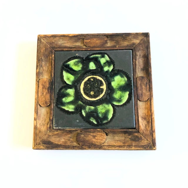 Mid-Century Modern 1970s Spanish Tile Trivet in Carved Wood Frame For Sale - Image 3 of 9