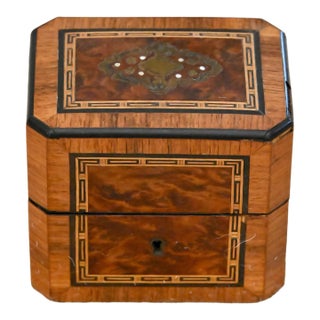 Antique English Burlwood Inlaid Octagonal Tea Caddy Box For Sale