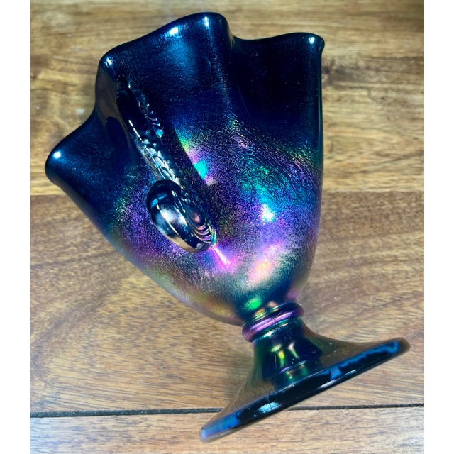 Fenton Twin Dolphin Handled Iridescent Art Glass Vase For Sale - Image 10 of 11