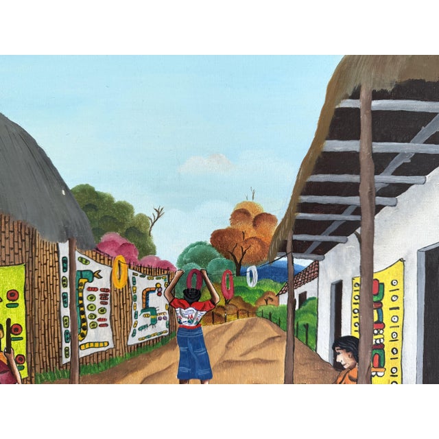 Textile Village Life Mayan Folk Painting by Pablo Noe Salazar Acrylic on Canvas Guatamala 1978 For Sale - Image 7 of 14