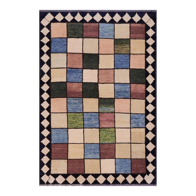 Modern Gabbeh Beige/Black Wool Rug - 4'0'' X 5'4'' For Sale