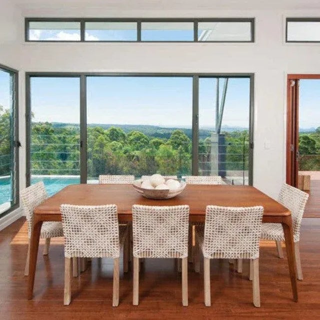 Transitional White Leather Woven Lulua Dining Chair Teak Wood For Sale - Image 3 of 6