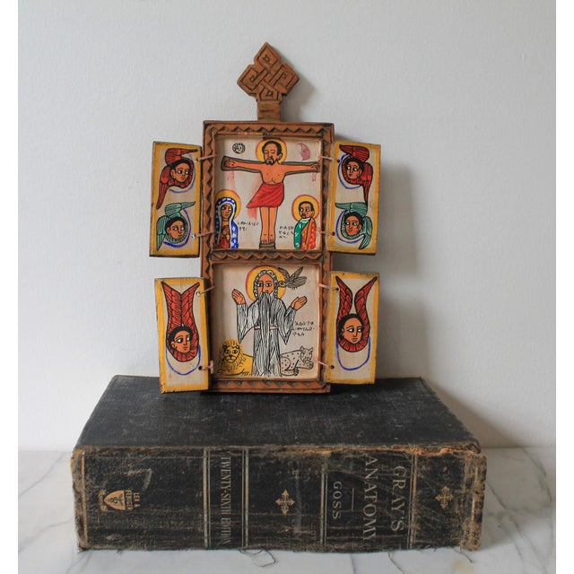 Mid 20th Century Ethiopian Orthodox Coptic Triptych Icon Hand Painted Crucifixion & Resurrection Scene For Sale - Image 5 of 13