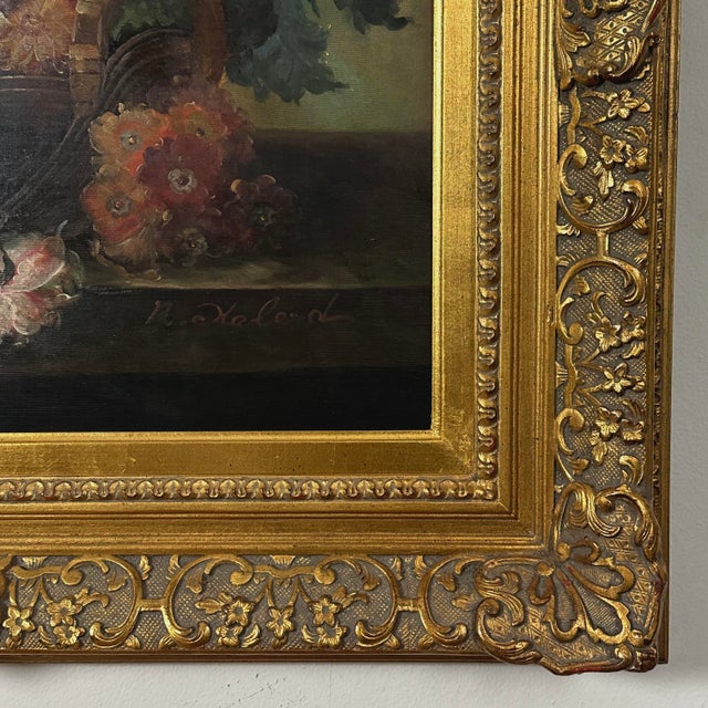 Textile Vintage Continental Dutch Style Floral Still Life, Signed (Oil/Acrylic on Canvas) For Sale - Image 7 of 8