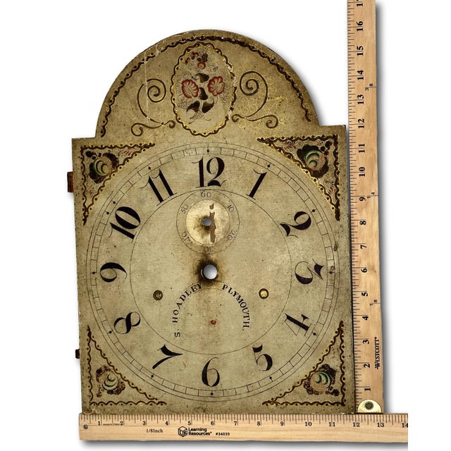 Antique American Hand Painted Wood Grandfather Clock Dial by Connecticut Maker Silas Hoadley - Circa Very Early 1800s For Sale - Image 16 of 18