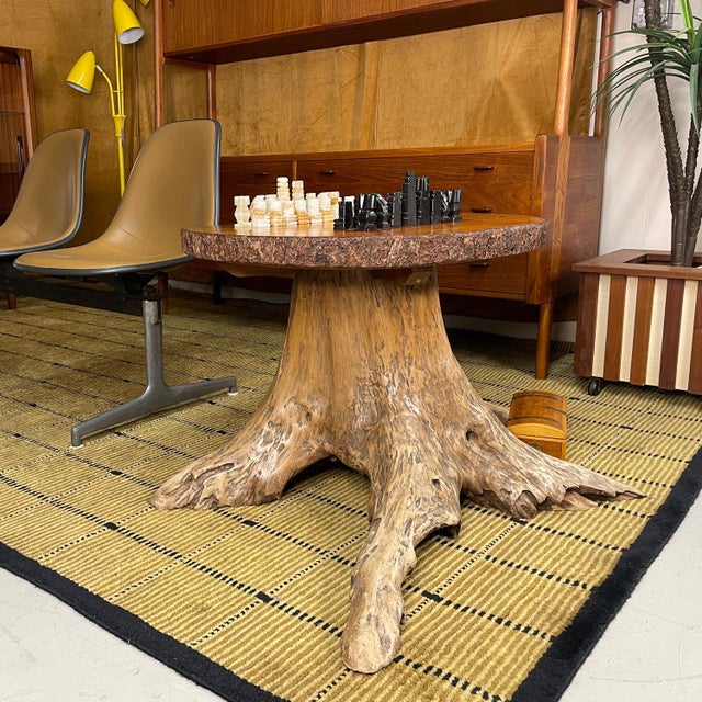 Hand Made Chess and Cribbage Live Edge Game Table on Tree Stump With Pieces For Sale - Image 12 of 17