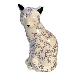 Vintage Chinese Blue and White Floral Ceramic Cat Figurine For Sale