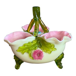 Antique 1800s Stevens and Williams Matsu-No-Ke Pastel Flower Sectioned Vase Bowl Tri Sectional Art Glass Bowl For Sale