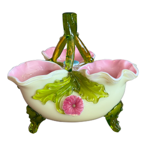 Antique 1800s Stevens and Williams Matsu-No-Ke Pastel Flower Sectioned Vase Bowl Tri Sectional Art Glass Bowl