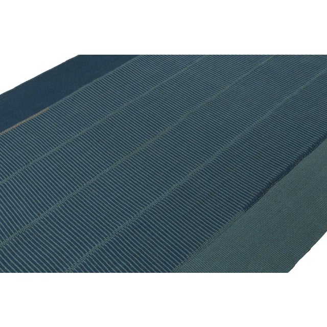 Rug & Kilim Rug & Kilim’s Contemporary Kilim in Tones of Blue With Stripes and Brown Accents For Sale - Image 4 of 7