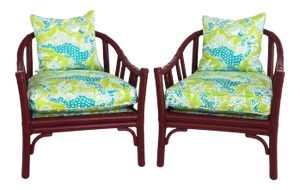 McGuire San Francisco Rattan Club Chairs, Brunschwig & Fils Fabric-A Pair