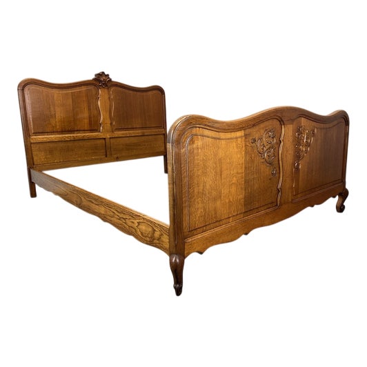 Vintage French Louis Style Oak Double Bed Frame with Carved Headboard For Sale