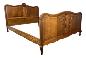 Vintage French Louis Style Oak Double Bed Frame with Carved Headboard
