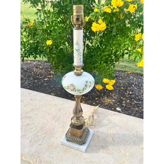 Vintage Hand Painted Pink & Blue Floral Milk Glass & Brass Lamps on Marble Bases - a Pair For Sale In Austin - Image 6 of 7
