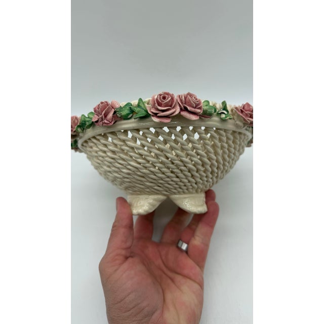 1950s A Vintage Italian Capodimonte Woven Creamware Wedding Basket With Rose Decorations, Circa 1950's For Sale - Image 5 of 12