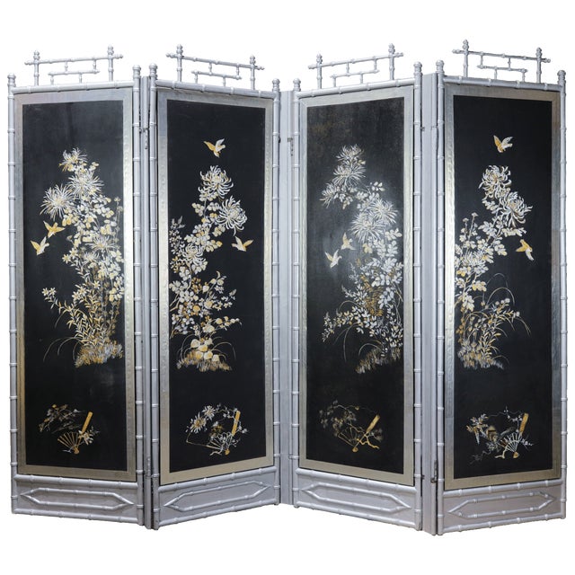 Vintage Chinoiserie Four-Panel Folding Screen – Hand-Painted Floral Motif With Silver Faux Bamboo Frame For Sale In New York - Image 6 of 15