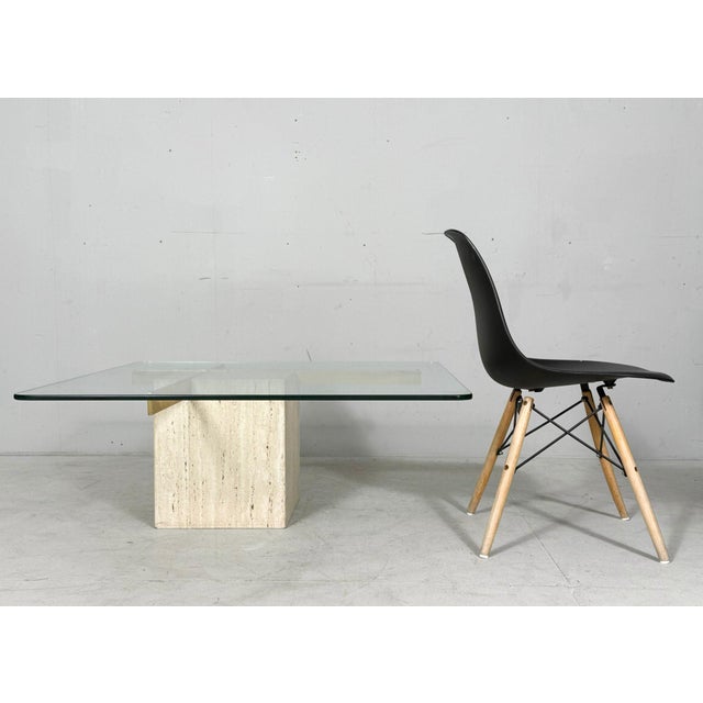 Artedi travertine coffee/side table, italy, 1970s, travertine construction with a square glass top (loose), dimensions...