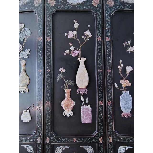1900s Chinese Six-Panel Carved Hardstone Lacquered Coromandel Screen For Sale - Image 14 of 18