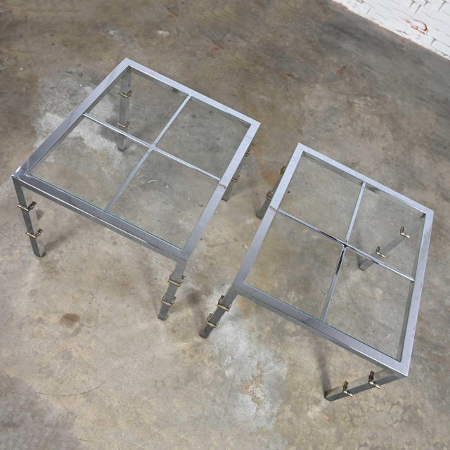 Hollywood Regency Chrome & Glass Square End Tables Brass Details a Pair Style of Maison Jansen For Sale - Image 15 of 16