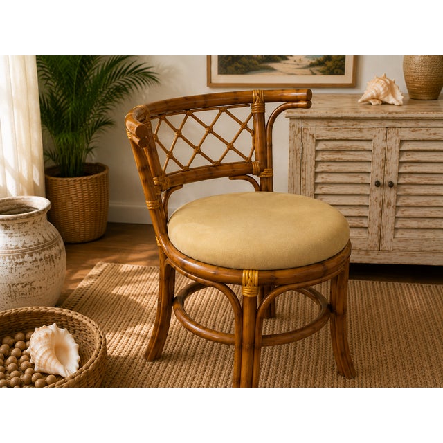 Coastal Vintage Honeymoon Coastal Bamboo & Rattan Oval Glass Dining Set With Two Chairs For Sale - Image 3 of 10
