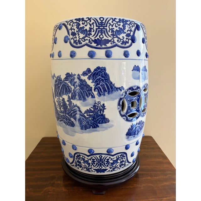Wood Late 20th Century Chinoiserie Blue and White Porcelain Garden Stool or Side Table on Wooden Stand For Sale - Image 7 of 12