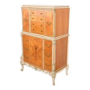 Romweber French Rococo Louis XV Satinwood Inlaid Marquetry and Parcel Painted Gentlemen's Chest, Circa 1930s