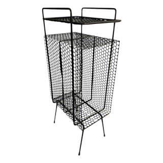 Vintage 1950s Richard Galef for Ravenware | Atomic MCM Black Perforated Phone Rack Stand | Metal Mesh Side Table Plant Stand Album Holder For Sale