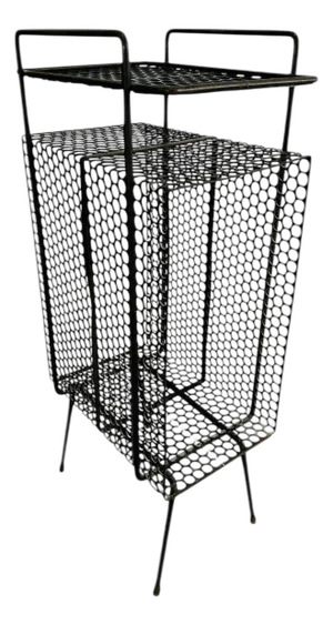 Vintage 1950s Richard Galef for Ravenware | Atomic MCM Black Perforated Phone Rack Stand | Metal Mesh Side Table Plant Stand Album Holder