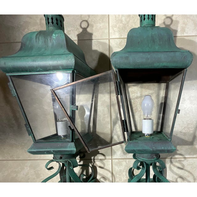 Pair of Vintage Solid Brass Post Lanterns. 27”h X 8”.5 X 8”.5 For Sale - Image 15 of 16