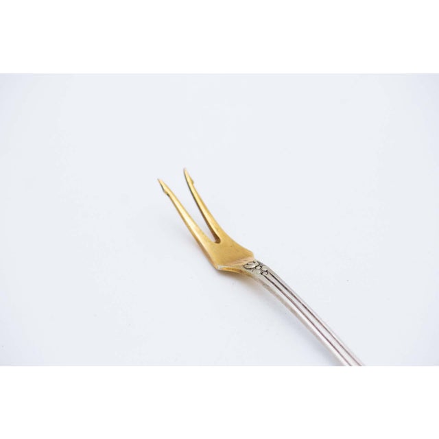 Silver Pickle Serving Fork with Gold Tips and Embossed Handle For Sale - Image 3 of 5