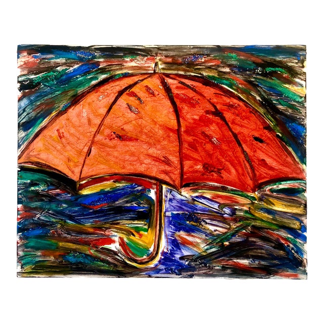 Helen Oji, Umbrella, Monotype with Hand Painting, Glitter, Asian American Art, Woman Artist, 1987 For Sale