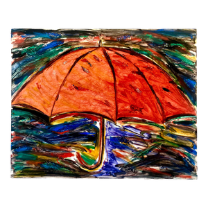 Helen Oji, Umbrella, Monotype with Hand Painting, Glitter, Asian American Art, Woman Artist, 1987
