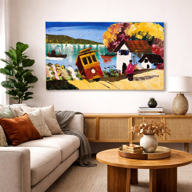 A large and visually engaging oil painting by Paul Blaine Henrie, depicting a vibrant coastal cityscape titled Views of...