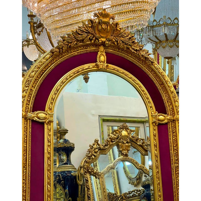 French Rococo Mirror – Burgundy Velvet Paneling & Ornate Gold Leaf Frame For Sale In Miami - Image 6 of 6
