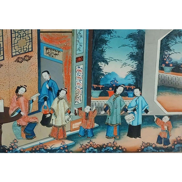 Antique Chinese export reverse painting on glass, in wood frame; Bubbles in glass; No artist marks observed; Likely...