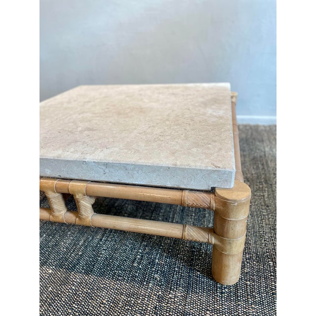 Brown 1980s Vintage in the Manner of Henredon Travertine and Bamboo Coffee Table For Sale - Image 8 of 10