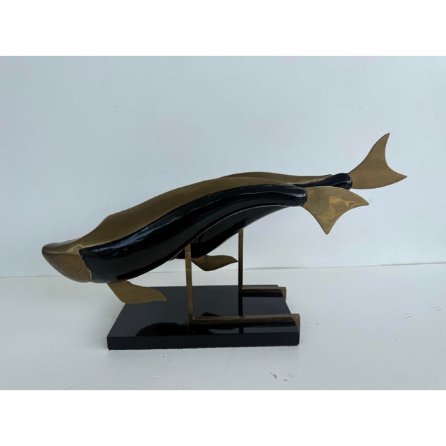 Vintage Brass and Wood Sculpture Depicting Two Fish For Sale - Image 4 of 8